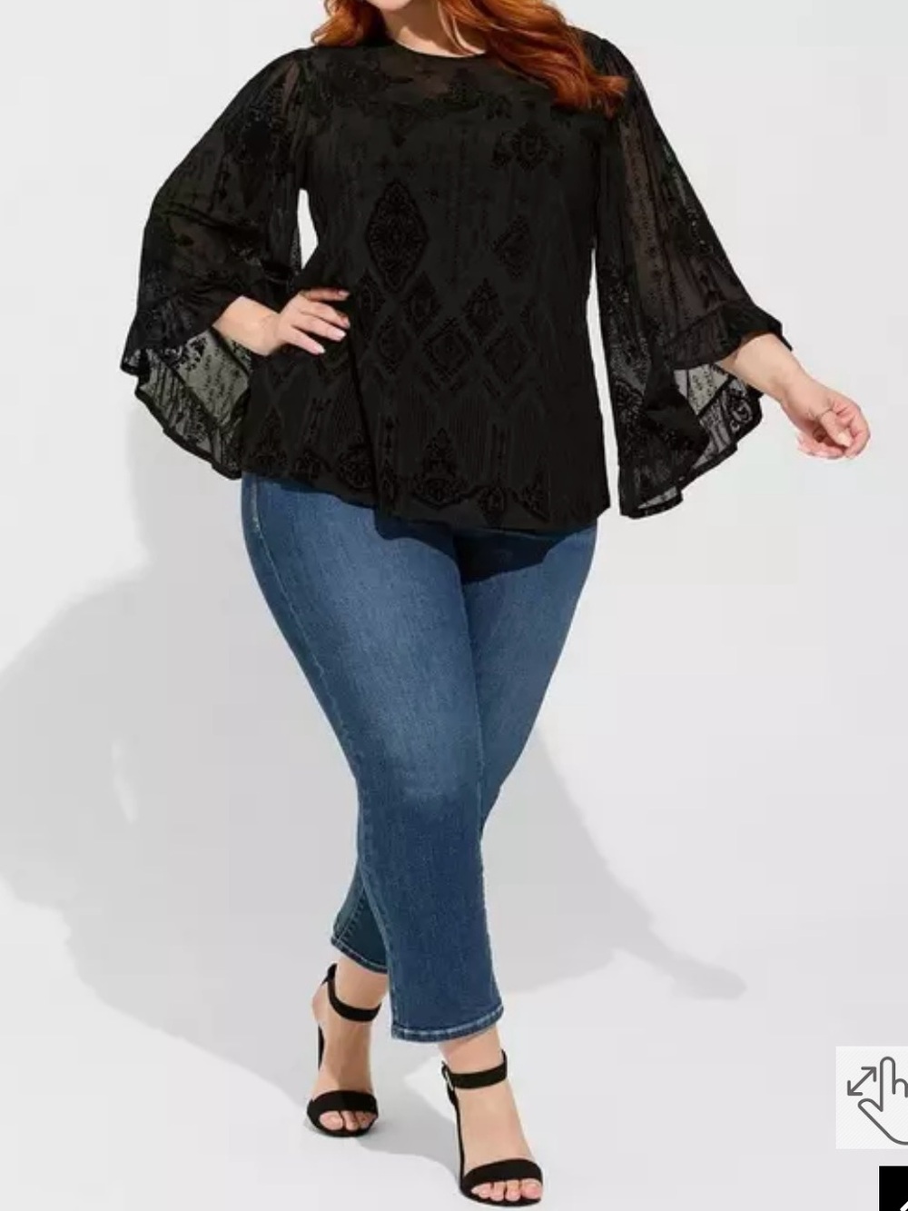 Torrid Black Flocked Mesh Crew Neck Bell Sleeved Swing Top